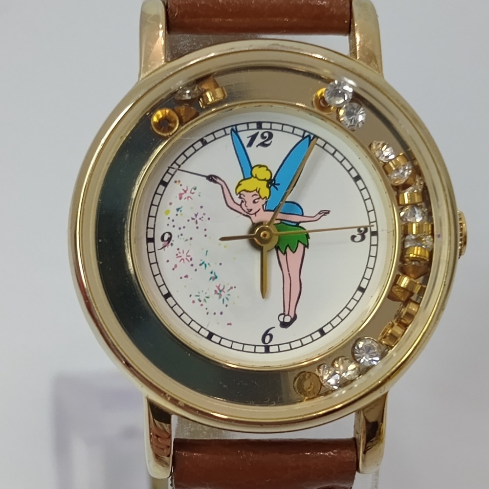 Disney Tinker Bell Floating Rhinestones Gold Tone Quartz Time Works New Battery